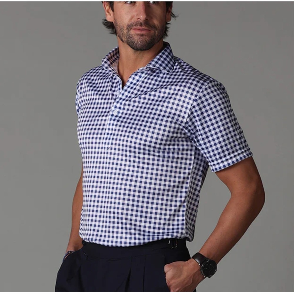 Collars & Co Semi Spread Collar Polo Mens Small Navy Blue Gingham Short Sleeve